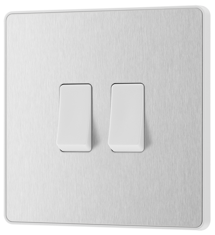 PCDBS42W Front - This Evolve Brushed Steel 20A 16AX double light switch from British General can operate 2 different lights, whilst the 2 way switching allows a second switch to be added to the circuit to operate the same light from another location (e.g. at the top and bottom of the stairs).