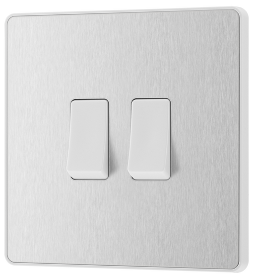 PCDBS42W Front - This Evolve Brushed Steel 20A 16AX double light switch from British General can operate 2 different lights, whilst the 2 way switching allows a second switch to be added to the circuit to operate the same light from another location (e.g. at the top and bottom of the stairs).
