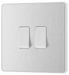 PCDBS42W Front - This Evolve Brushed Steel 20A 16AX double light switch from British General can operate 2 different lights, whilst the 2 way switching allows a second switch to be added to the circuit to operate the same light from another location (e.g. at the top and bottom of the stairs).