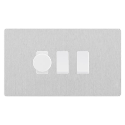 BG Evolve Brushed Steel 3 Gang Switch 1x Trailing Edge LED Dimmer 2x Intermediate Custom Grid Switch by British General (BG-Evolve-BS-3G-CUSTOM-1x-Dimmer-2x-INT)
