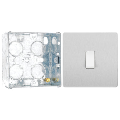BG Evolve Brushed Steel 1 Gang 20A 16AX 2 Way Light Switch PCDBS12W with 35mm Steel Back Box