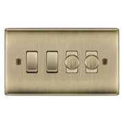 BG Nexus Antique Brass 4 Gang Light Switch Grid – 2x Trailing-Edge LED Dimmer, 1x Intermediate, 1x 2-Way Switch by British General (BG-Nexus-AB-4G-2x-Dimmer-1x-INT-1x-2Way)