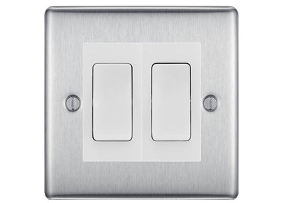 BG Nexus Brushed Steel 2-Gang Light Switch 1x 2-Way + 1x Intermediate – White Inserts by British General (BG-Nexus-BS-2G-Combo-1x INT-1x 2WAY WH)