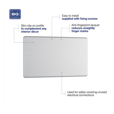 BG Screwless Brushed Steel Double Blank Plate FBS95 with 25mm Steel Back Box