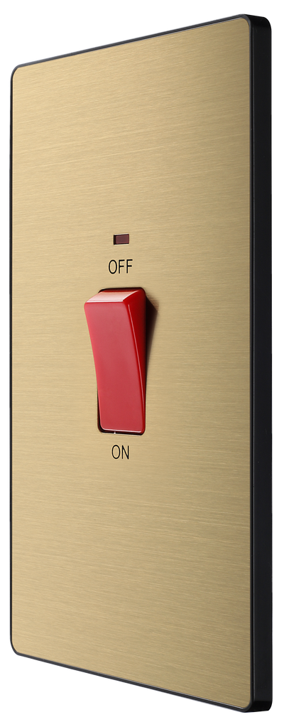 PCDSB72B Front - This Evolve Satin Brass 45A double pole switch with indicator from British General is ideal for use with cookers and has a large mounting plate measuring 146mm high x 86mm wide.