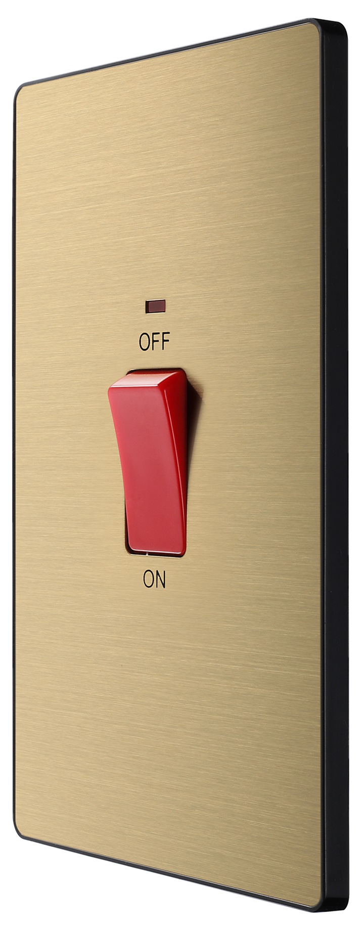 PCDSB72B Front - This Evolve Satin Brass 45A double pole switch with indicator from British General is ideal for use with cookers and has a large mounting plate measuring 146mm high x 86mm wide.