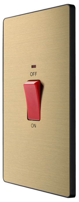 PCDSB72B Front - This Evolve Satin Brass 45A double pole switch with indicator from British General is ideal for use with cookers and has a large mounting plate measuring 146mm high x 86mm wide.