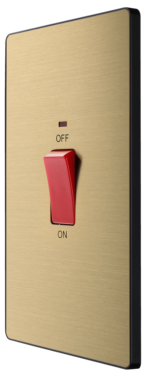 PCDSB72B Front - This Evolve Satin Brass 45A double pole switch with indicator from British General is ideal for use with cookers and has a large mounting plate measuring 146mm high x 86mm wide.