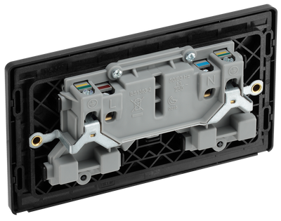 PCDDB22B Back - This Evolve Matt Blue 13A double switched socket from British General has been designed with angled in line colour coded terminals and backed out captive screws for ease of installation, and fits a 25mm back box making it an ideal retro-fit replacement for existing sockets.