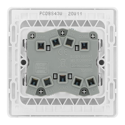 BG Evolve Brushed Steel 3 Gang 20A 16AX 2 Way Light Switch PCDBS43W with 35mm Steel Back Box