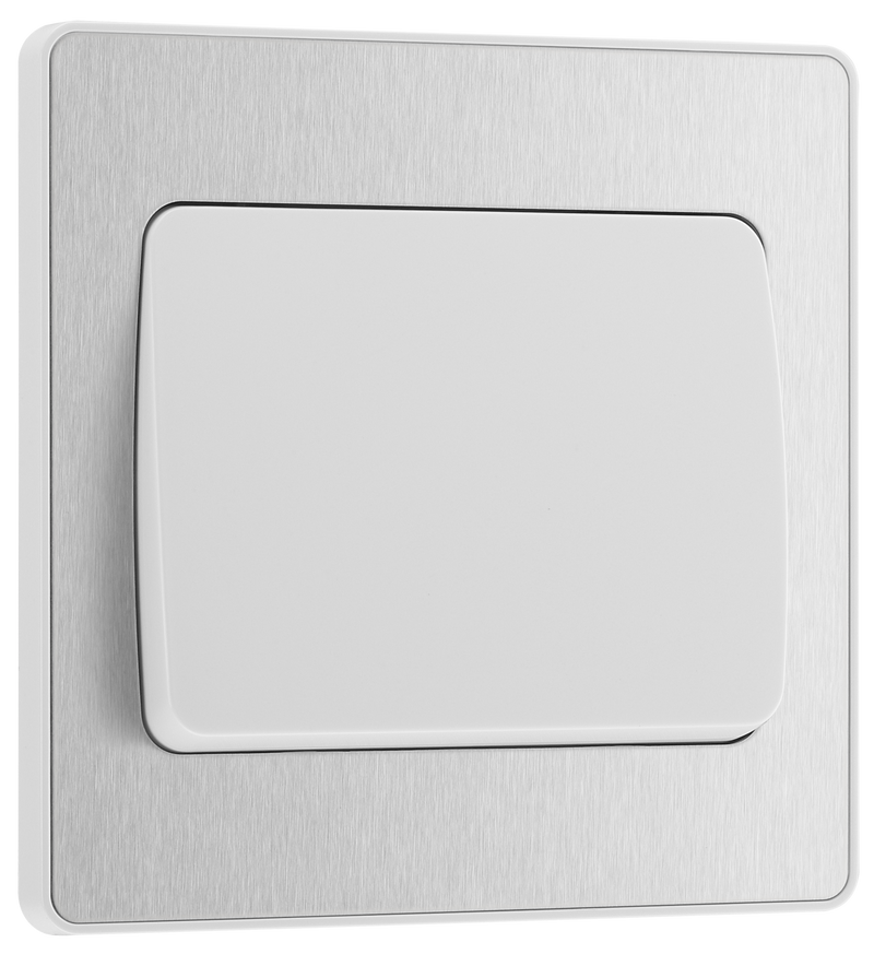 BG PCDBS12WW Brushed Steel Evolve 1 Gang 20A 16AX 2 Way Wide Rocker Light Switch - White Insert