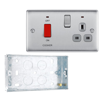 BG Nexus Brushed Steel DP Cooker + Socket + Neon NBS70G with 25mm Steel Back Box by British General (BG-NBS70G+HGS04)