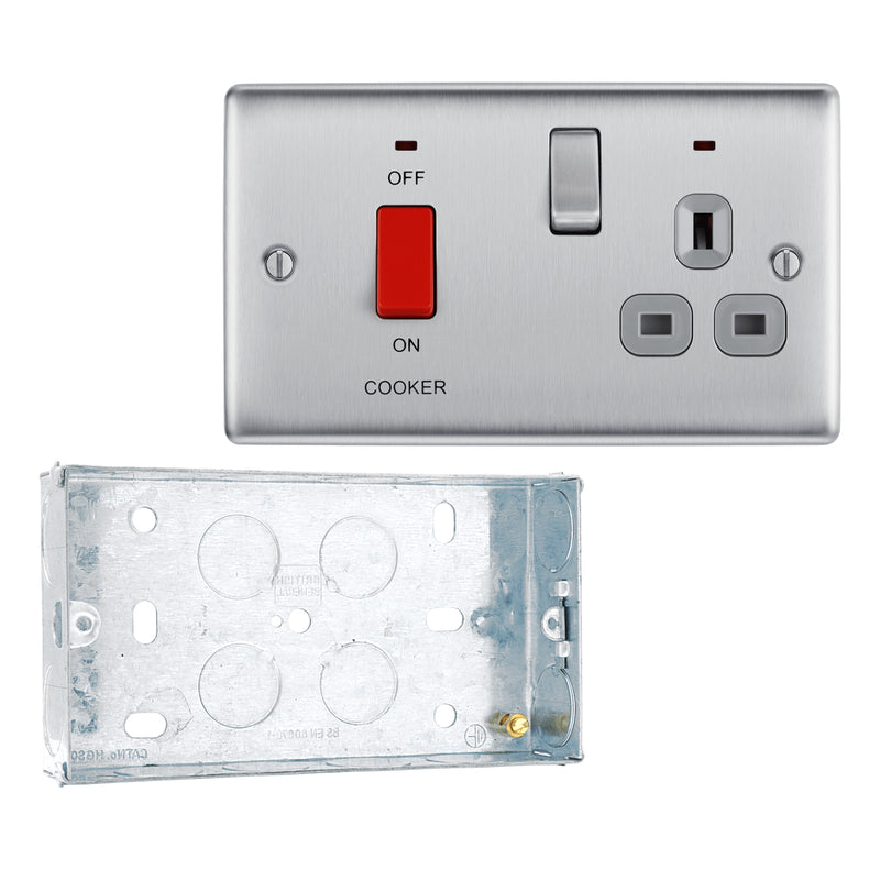 BG Nexus Brushed Steel DP Cooker + Socket + Neon NBS70G with 25mm Steel Back Box