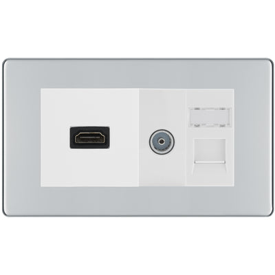 BG Screwless Polished Chrome Media Wall Plate TV Aerial, HDMI & CAT6 Outlet – White Insert