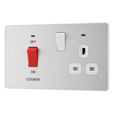 BG Evolve Brushed Steel 45A Switch 13A Switched Socket Cooker Control Unit PCDBS70W with 35mm Steel Back Box