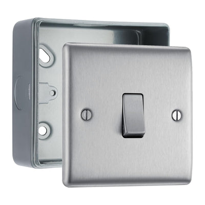 Brushed Steel 1 Gang 20A 16AX Intermediate Light Switch & Surface Pattress Back Box by British General (BG-NBS13+MC501)
