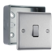 Brushed Steel 1 Gang 20A 16AX Intermediate Light Switch & Surface Pattress Back Box by British General (BG-NBS13+MC501)