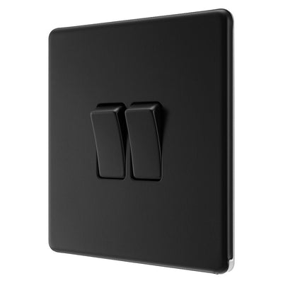 BG Screwless Matt Black 20A 16AX 2 Way Double Light Switch FFB42 with 25mm Steel Back Box