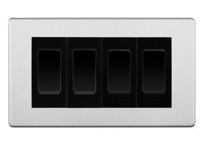 BG Screwless Brushed Steel 4-Gang Light Switch 3x 2-Way + 1x Intermediate – Black Inserts