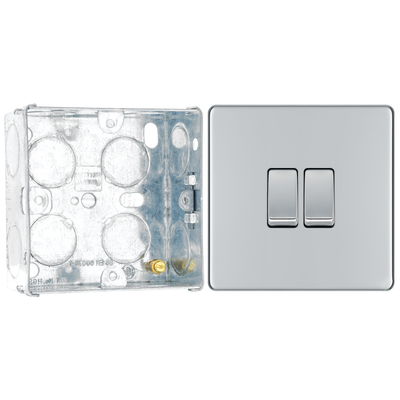 BG Screwless Polished Chrome 20A 16AX 2 Way Double Light Switch FPC42 with 35mm Steel Back Box