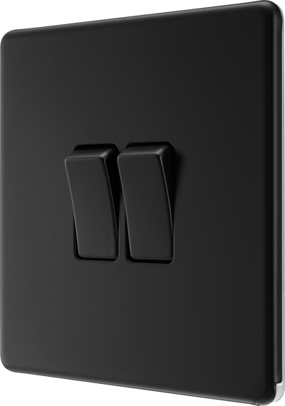 BG Nexus Flatplate Screwless Matt Black Double Light Switch FFB42 20 Amp