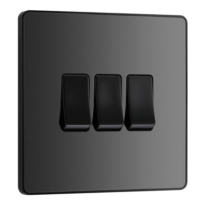 BG Evolve Black Chrome 3 Gang 20A 16AX 2 Way Light Switch PCDBC43B with 35mm Steel Back Box
