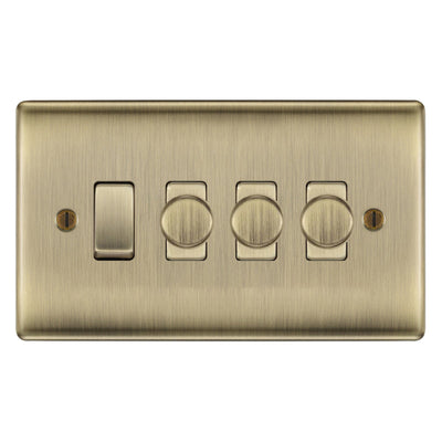BG Antique Brass 4 Gang Switch 3x Trailing Edge LED Dimmer 1x 2 Way Custom Grid by British General (NEXUS-AB-4G-CUSTOM-3x-DIMMER-2Way-Single)