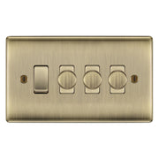 BG Antique Brass 4 Gang Switch 3x Trailing Edge LED Dimmer 1x 2 Way Custom Grid by British General (NEXUS-AB-4G-CUSTOM-3x-DIMMER-2Way-Single)