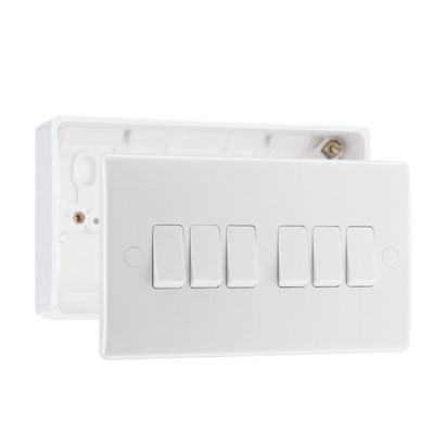 BG Nexus 6 Gang 10AX 2 Way Light Switch White & 32mm Pattress Back Box by British General (BG-846+892)