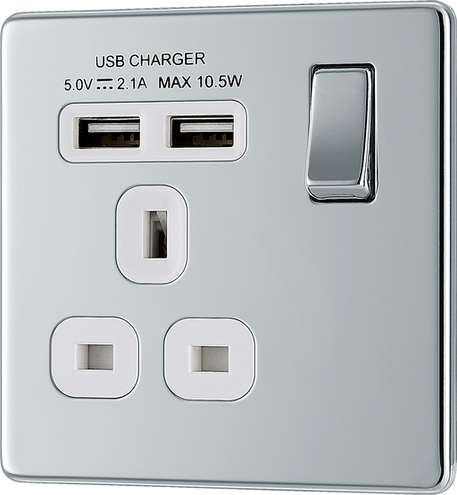 FPC21U2W Front - This completely screwless and slimline flat plate 13A single power socket from British General comes with two USB charging ports allowing you to plug in an electrical device and charge mobile devices simultaneously without having to sacrifice a power socket.