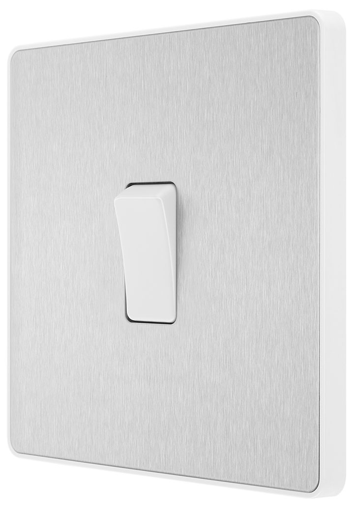 PCDBS13W Side - This Evolve Brushed Steel 20A 16AX intermediate light switch from British General should be used as the middle switch when you need to operate one light from 3 different locations, such as either end of a hallway and at the top of the stairs.