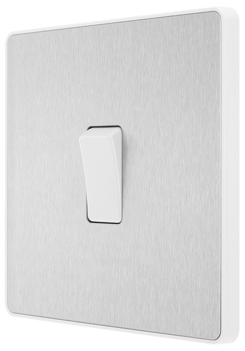 PCDBS13W Side - This Evolve Brushed Steel 20A 16AX intermediate light switch from British General should be used as the middle switch when you need to operate one light from 3 different locations, such as either end of a hallway and at the top of the stairs.