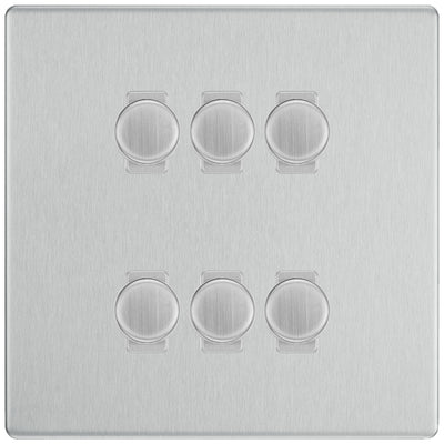 BG Brushed Steel Screwless Flat Plate 6 Gang Trailing Edge LED Dimmer Light Switch 2 Way Custom Switch by British General (SCREWLESS-BS-6G-CUSTOM-6xDIMMER-2Way)