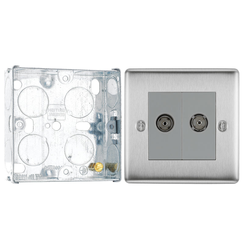 BG Nexus Brushed Steel Double Isolated Co-Axial Socket NBS63 with 25mm Steel Back Box