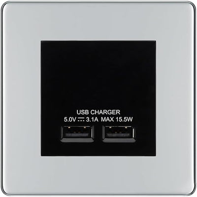 BG Screwless Polished Chrome Dual USB Charger 3.1A Output Socket - Black Insert by British General (BG-FPCEMS2+EMUSB3B)