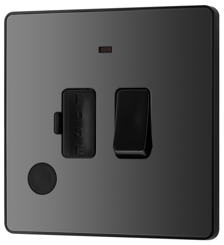 PCDBC52B Front - This Evolve Black Chrome 13A fused and switched connection unit from British General with power indicator provides an outlet from the mains containing the fuse, ideal for spur circuits and hardwired appliances.