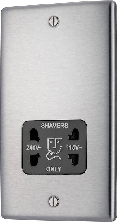 BG NBS20B Metal Brushed Steel 115-230V Dual Voltage Shaver Socket - Black Insert by British General