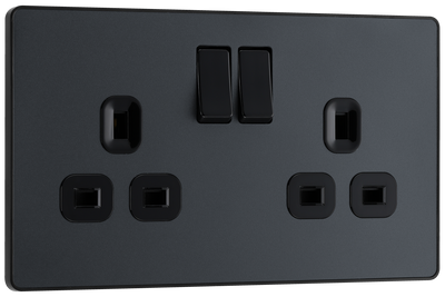 PCDMG22B Front - This Evolve Matt Grey 13A double switched socket from British General has been designed with angled in line colour coded terminals and backed out captive screws for ease of installation, and fits a 25mm back box making it an ideal retro-fit replacement for existing sockets.