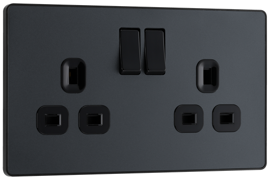 PCDMG22B Front - This Evolve Matt Grey 13A double switched socket from British General has been designed with angled in line colour coded terminals and backed out captive screws for ease of installation, and fits a 25mm back box making it an ideal retro-fit replacement for existing sockets.