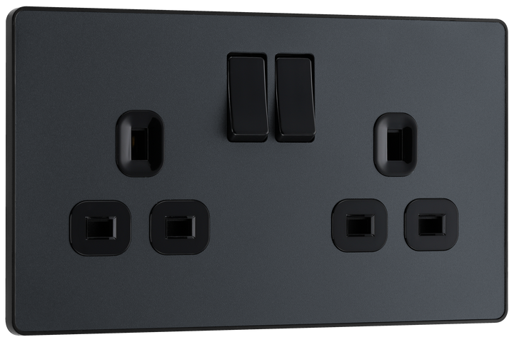 PCDMG22B Front - This Evolve Matt Grey 13A double switched socket from British General has been designed with angled in line colour coded terminals and backed out captive screws for ease of installation, and fits a 25mm back box making it an ideal retro-fit replacement for existing sockets.