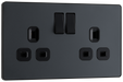 PCDMG22B Front - This Evolve Matt Grey 13A double switched socket from British General has been designed with angled in line colour coded terminals and backed out captive screws for ease of installation, and fits a 25mm back box making it an ideal retro-fit replacement for existing sockets.