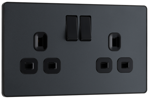 PCDMG22B Front - This Evolve Matt Grey 13A double switched socket from British General has been designed with angled in line colour coded terminals and backed out captive screws for ease of installation, and fits a 25mm back box making it an ideal retro-fit replacement for existing sockets.