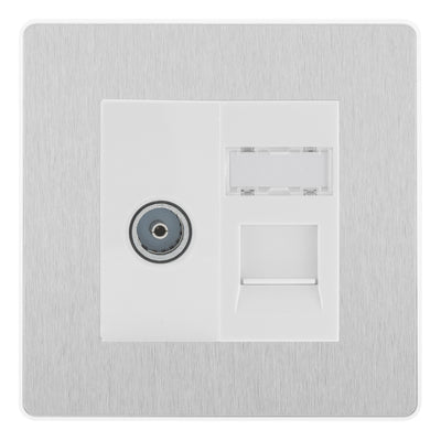 BG Evolve Brushed Steel TV Aerial & RJ45 CAT6 Data Socket - White Insert