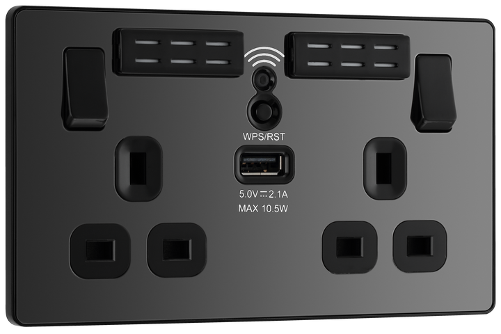 PCDBC22UWRB Front - This Evolve Black Chrome 13A double power socket with integrated Wi-Fi Extender from British General will eliminate dead spots and expand your Wi-Fi coverage.