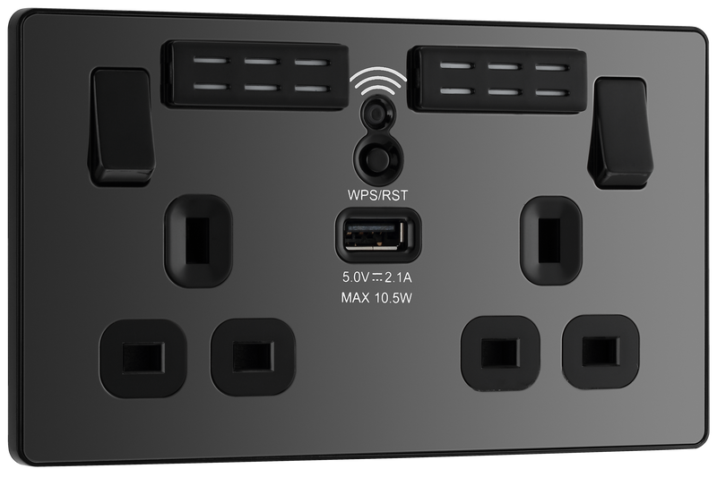 BG PCDBC22UWRB Black Chrome Evolve 2 Gang 13A 1x USB-A 2.1A Wi-FI Extender Switched Socket Outlet - Black Insert