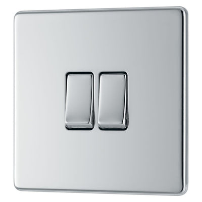 BG Screwless Polished Chrome 20A 16AX 2 Way Double Light Switch FPC42 with 25mm Steel Back Box