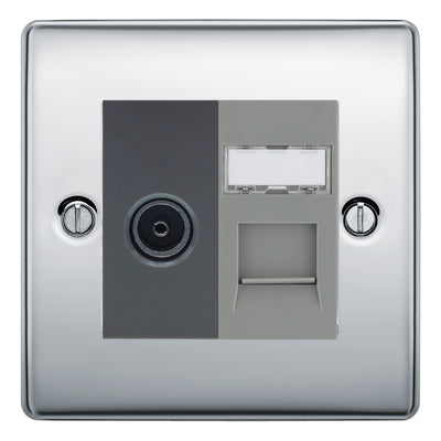 BG Nexus Polished Chrome TV Aerial & RJ45 CAT6 Data Socket - Grey Insert