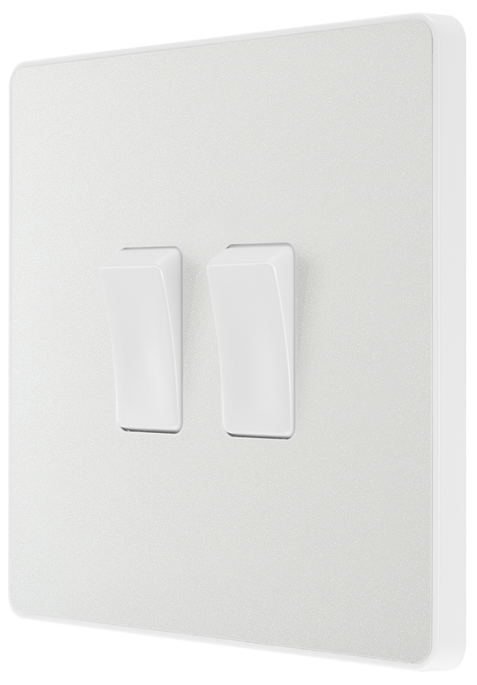  PCDCL42W Front - This Evolve pearlescent white 20A 16AX double light switch from British General can operate 2 different lights, whilst the 2 way switching allows a second switch to be added to the circuit to operate the same light from another location (e.g. at the top and bottom of the stairs).