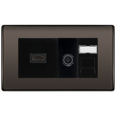 BG Nexus Black Nickel Media Wall Plate TV Aerial, HDMI & CAT6 Outlet - Black Insert by British General