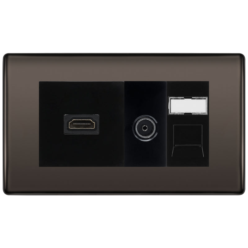 BG Nexus Black Nickel Media Wall Plate TV Aerial, HDMI & CAT6 Outlet - Black Insert